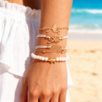 Boho Gold Charm Bracelet Set for Women - 5 Pcs Handmade Stackable Beaded Bracelets, Pineapple, and Elephant Charms - Tropical Beach Summer Jewelry Gift