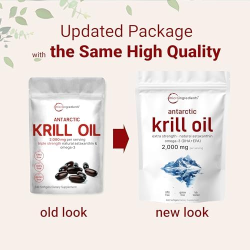 Micro Ingredients Antarctic Krill Oil Supplement, 2,000mg Per Serving, 240 Softgels, Triple Strength, Rich in Omega-3s EPA, DHA & Natural Astaxanthin, Supports Immune System & Brain Health