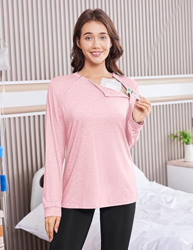 Deyeek Chemo Shirts for Port Access Women Long Sleeve Shoulder Post Surgery Shirt Dialysis Sweatshirts with Arm Zipper