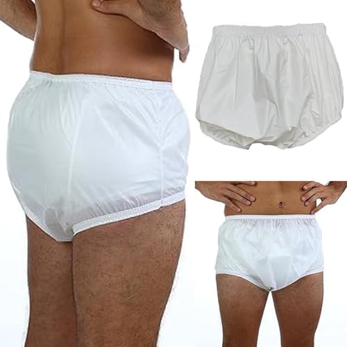 Adult Pull on Plastic Pants Waterproof Quiet Incontinence Safety Pants Anti-Side Leakage Diaper Covers Reusable,White,S