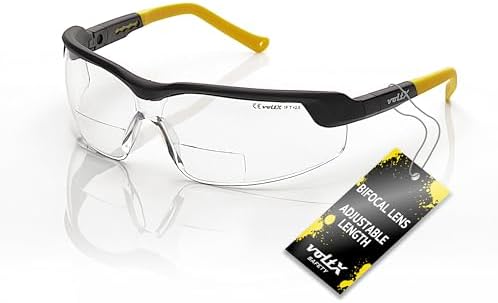 voltX GT ADJUSTABLE Bifocal Reading Safety Glasses (Clear Lens +2.0), ANSI Z87.1+ & CE EN166FT, Anti fog coated, UV400 Lens, Tilt & length adjustable earstems, clip on safety cord.