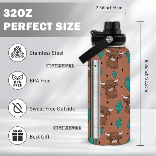 Highland Cow Water Bottle 32 Oz, Gifts For Cowgirls, Western Highland Cow Tumbler, Western Cows Gifts For Cowgirl Women, Yak Cows Insulated Stainless Steel Coffee Cup