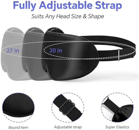 Sleep Eye Mask for Men Women, Silk Sleep Mask for Side Sleeper, Travel Blackout Night Blindfold Eye Shade Cover with Adjustable Strap (Black & Pink)