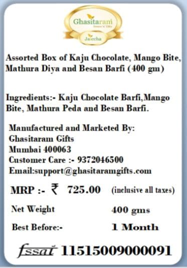 Ghasitaram Gifts Assorted Box of Kaju Chocolate, Mango Bite, Mathura Diya and Besan Barfi (400 gm)