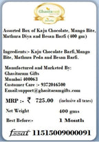 Ghasitaram Gifts Assorted Box of Kaju Chocolate, Mango Bite, Mathura Diya and Besan Barfi (400 gm)