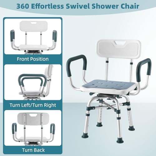 Swivel Shower Chair with Arms and Back, 500 lbs Heavy Duty Shower Seat for Inside Shower Stall and Bathtub, Height Adjustable Safety Bath Seat for Elderly, Adults, Handicap and Disabled