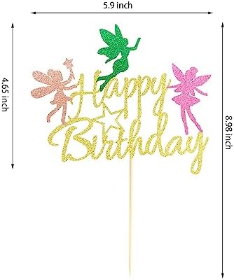 Fairy Cake Topper, Girl Birthday Party Decoration Topper, Fairy Happy Birthday Decoration - Gold Glitter