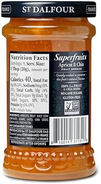 St. Dalfour Superfruits Apricot & Chia Fruit Spread - 6 oz - 100% from Fruit, Gluten-Free, No Artificial Ingredients, Non-GMO, All Natural, Made in France