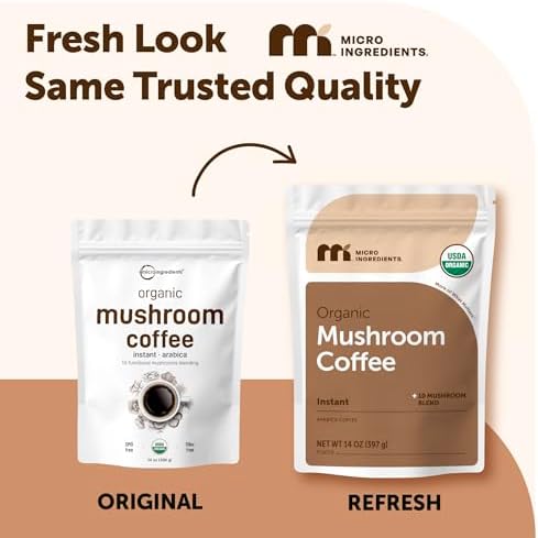 Organic Instant Mushroom Coffee, 14 oz | Medium Roast Arabica | 10-Mushroom Blend with Lion’s Mane, Reishi, Chaga, & More | Certified Organic | Gluten, Dairy, Soy & Tree Nut Free
