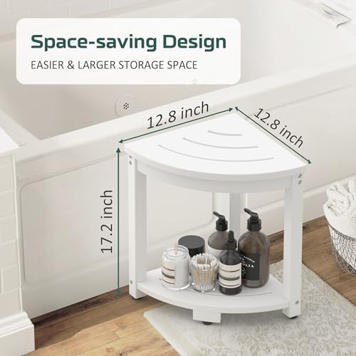 Waterproof Corner Shower Stool for Inside Shower, Poly Lumber Shower Bench Seat Chair, Bath Shower Stool for Shaving Legs Foot Rest with Storage Shelf, Adjustable & Non-Slip Feet, White