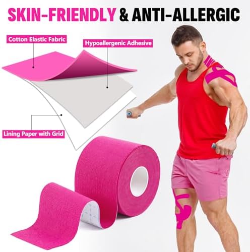 5 Rolls Kinesiology Tape, 2 inch x 16.4 Feet Waterproof Athletic Tape, Uncut Kinetic Tape, Muscle Tape, Sports Tape, Knee Tape for Exercise and Daily Use - Rose Red