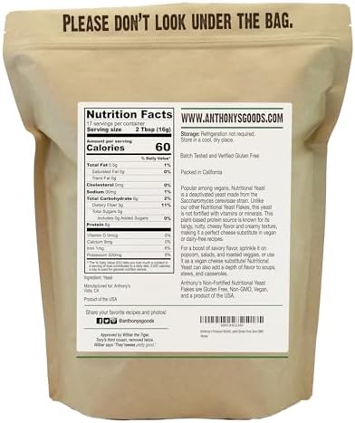 Anthony's Premium Nutritional Yeast Flakes, 10 oz, Non Fortified, Batch Tested Gluten Free, Non GMO