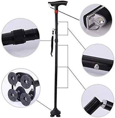 Walking Stick Elderly Folding Walking Cane Aluminum Support Crutches Telescopic Anti Slip Four Leg Adjustable Stick with LED Light SOS Alarm