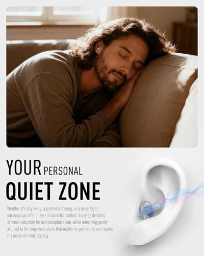 Ear Plugs for Sleeping 3 Pairs, Reusable Silicone Earplugs Sound Proof Noise Cancelling for Side Sleeper Study Travel Working Snoring Blocking -32dB Hearing Protection, with Cord & Case, Blue
