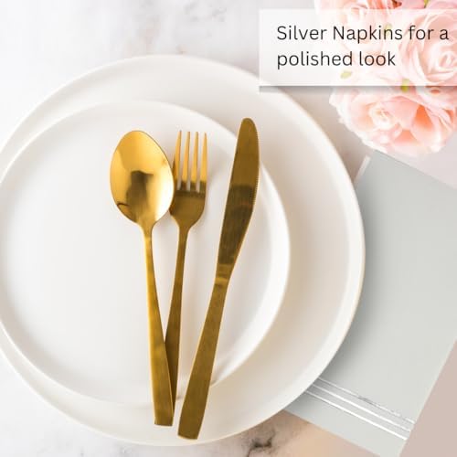 Stylish White and Silver Napkins - 100 Disposable White Paper Dinner Napkins for Bridal Shower or Wedding - 7.5 x 4.25 Inch Serviettes for Parties and Events
