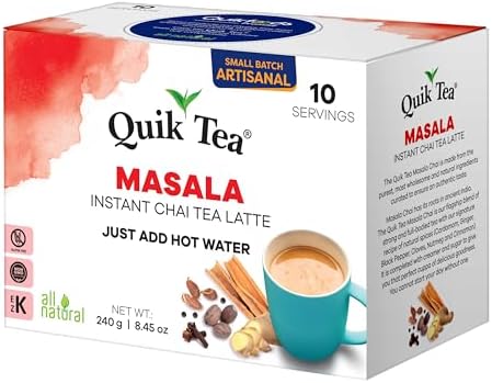 QuikTea Instant Masala Chai Tea Latte – 10 Count, Classic Latte with a Hearty Mix of Traditional Chai Spices, Low Caffeine, No Artificial Colors, Flavors or Preservatives – Just Add Hot Water, Non-GMO
