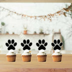 24 PCS Dog Paw Party Decoration, Single-side Black Glitter Puppy Paw Cupcake Toppers Puppy Dog Pet Theme for Baby Shower Boys Girls Birthday Party Cake Supplies (Black-silver)