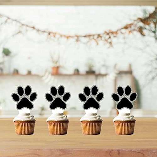 24 PCS Dog Paw Party Decoration, Single-side Black Glitter Puppy Paw Cupcake Toppers Puppy Dog Pet Theme for Baby Shower Boys Girls Birthday Party Cake Supplies (Black-silver)
