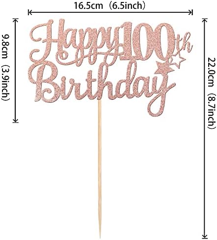 1 PCS Happy 100th Birthday Cake Topper Glitter Cheers to 100 Years Cake Pick Number 100 Fabulous Cake Decoration for 100th Birthday Theme Party Decorations Supplies Rose Gold