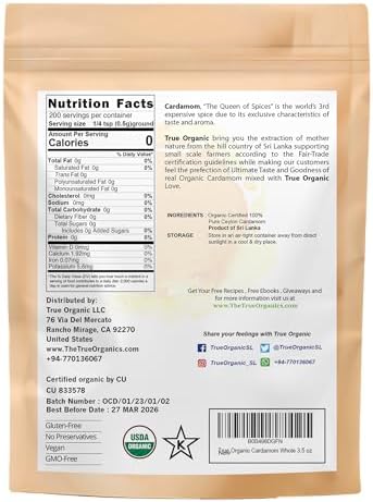 True Organic Cardamom Whole 3.5 oz – Certified Organic, USDA & Kosher Certified, Pure Ceylon Premium Quality