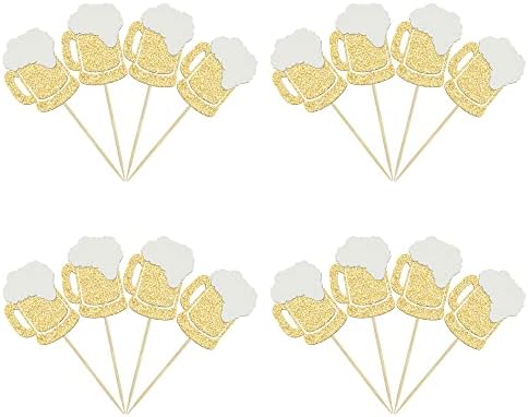 Gyufise 24Pcs Cheers Beer Mug Cupcake Toppers Gold Glitter Beers Cake Topper Decorations Cheers Beer Festival Celebrating Birthday Party Supplies