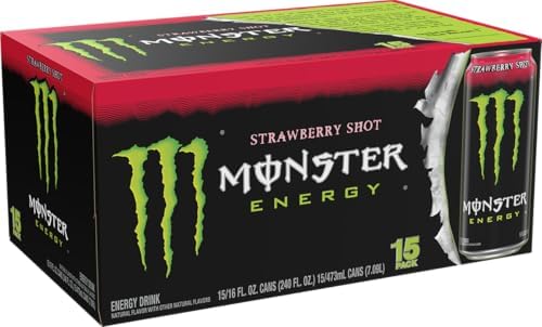 Monster Energy Strawberry Shot, Green, Original, Energy Drink, 16 Ounce (Pack of 15)