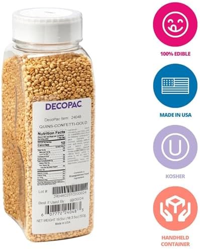 DECOPAC Quins Fancy Sprinkles, 19.5oz, Candy Sprinkles in Handheld Container, Edible Sprinkles For Celebration Cakes, Cupcakes, Cookies - Confetti Gold Quin