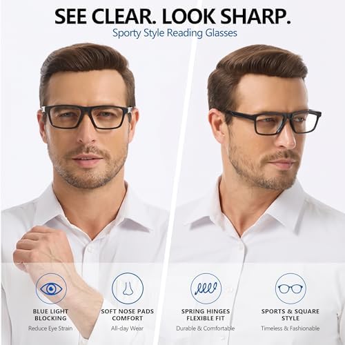 Sports Style Reading Glasses for Men - 3 pack Classic Square TR Frame Lightweight Readers with Spring Hinge