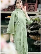 Elegant Green Satin Jacquard Long Sleeved Cheongsam Dresses Qing Dynasty Vintage Long Dress Casual Qipao