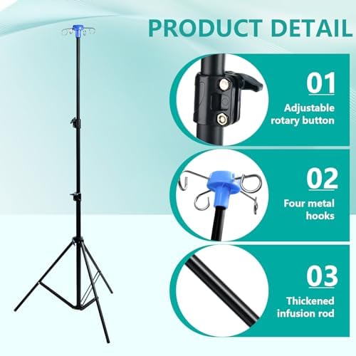 Lefeke IV Pole Portable for Traveling, Adjustable IV Stand with Hooks, Medical IV Drip Infusion Bag Holder, IV Fluids Floor Stand (Black)