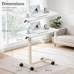 Adjustable Overbed Table with Wheels, Pneumatic Height Lift Rolling Bedside Table, Standing Desk for Home & Office Use, Ideal for Seniors & Limited Mobility(White)