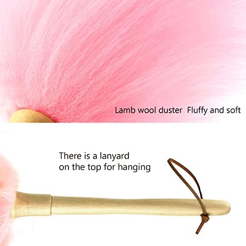 Lambswool Duster 14'' Length Solid Wooden Handle Leather Hang Strap for Cleaning Ceiling Fans Window Blinds Computer Furniture Figurines TV Natural Feather Duster,Pink
