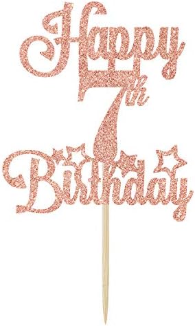 Happy 7th Birthday Cake Topper, Cheers to 7 Years, Hello 7, 7th Birthday Anniversary Party Decorations Rose Gold Glitter.