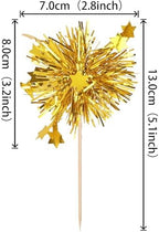 Rsstarxi 30 Pack Foil Firework Cupcake Toppers Gold Happy Birthday Cupcake Toppers Sparkle Tinsel Drink Stirrers Cocktail Toothpicks for New Years Eve Wedding Christmas Party Cake Decorations