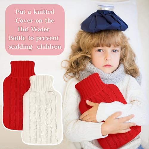 2 Pieces Hot Water Bottle Cover Soft Cover Only Knitted Hot Water Bottle Sweater for Winter Compress and Cold Therapy, Menstrual Cramps, Neck, Shoulder Pain Relief(Red,White)