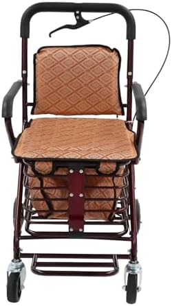 Foldable Shopping Cart with Seat for Seniors - 4 Wheel Rollator Walker, Portable Shopping Trolley with Brakes, Large Basket & Adjustable Armrest, 220lbs Capacity (Brown)