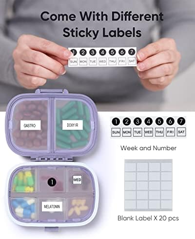 Holii Travel Pill Organizer, 8 Compartments Portable Pill Case, Daily Pill Box to Hold Vitamins, Small Pill Container for Pocket Purse Medicine Organizer（Purple）