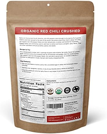 SPICY ORGANIC Crushed Red chili Flakes - 100% Pure USDA Certified - Non-GMO, Gluten-Free-Comes in a Resealable Pack–Pungent and Spicy Flavor-16OZ (454 grams)