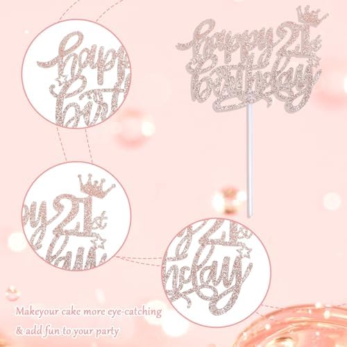 Happy 21st Birthday Cake Topper for Girls, Glitter 21st Birthday Decorations Cheers to 21 Years Candles Cakes Decorations for Celebrating Birthdays Anniversary Party Supplies(Rose Gold)