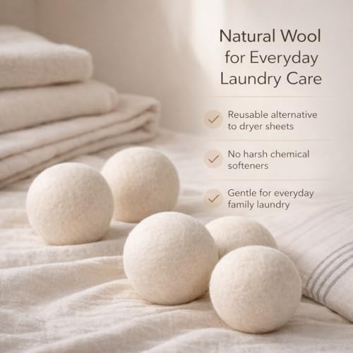 Wool Dryer Balls 6 Pack, 100% New Zealand Wool, Reusable Dryer Balls for Laundry, Natural Fabric Softener, Helps Reduce Drying Time, Wrinkles & Static Cling, 2.6 Inch