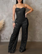 WOKANSE Leather Jumpsuit for Women PU Spaghetti Strap Sleeveless Bodycon Buttons Wide Leg Long Pants Jumpsuit