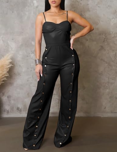 WOKANSE Leather Jumpsuit for Women PU Spaghetti Strap Sleeveless Bodycon Buttons Wide Leg Long Pants Jumpsuit