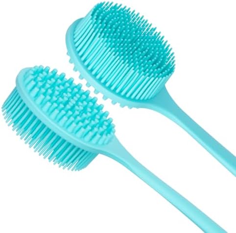 DNC Silicone Back Scrubber for Shower, Soft Bath Body Brush with Long Handle (Blue)