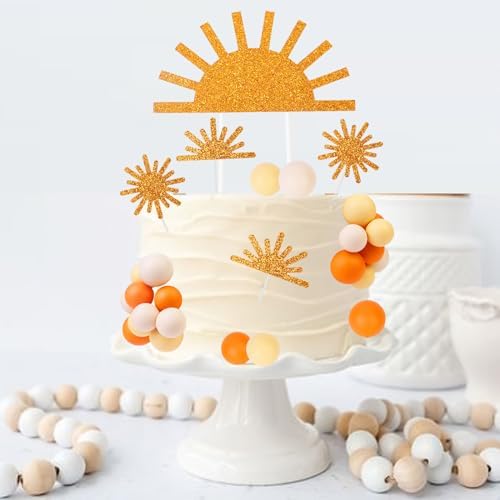 Cheereveal Sun Cake Decorations - Golden Sun Cake Cupcake Toppers Ball Dessert Picks, Sun Theme Birthday Party Baby Shower Celebration Photo Props