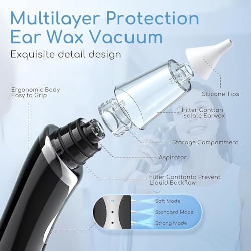 Ear Vacuum Wax Removal Tool with 8 Pcs Ear Pick, Strong Suction Earwax Removal Kit with Charging Cable, Ear Suction Device for Adults and Kids (Black)