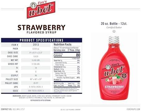 FOX’S U-BET Syrup Bottle – Brooklyn Original Since 1900, Thick, No High Fructose Corn Syrup, Kosher Certified, Fat Free, For Egg Creams, Coffee, Milkshakes & Desserts, 20 oz (1-Pack, Strawberry)