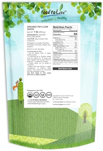 Food to Live Organic Whole Psyllium Seeds, 1 Pound - Non-GMO, Vegan, Kosher, Keto Friendly, Raw, Bulk, Natural Food Thickener, for Cooking - Add a Boost to Smoothies and Dishes