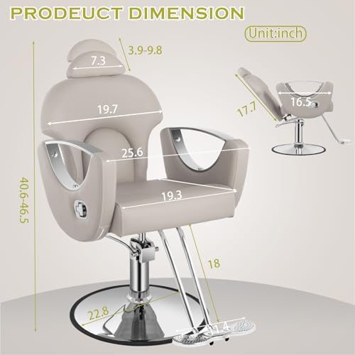 Grey Reclining Barber Chair for Barbershop Home, 360 Swivel Salon Styling Chair for Hair Stylist, Adjustable Hydraulic Beauty Hair Salon Hairstylist Armchair Hydraulic Pump
