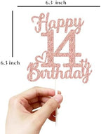 14th Birthday Cake Topper - Double Sided Rose Rose Gold Glitter, Happy 14th birthday Cake Topper for girls,14 Cake Topper For girls, 14th birthday decorations,14th Birthday Cake Topper Fourteen