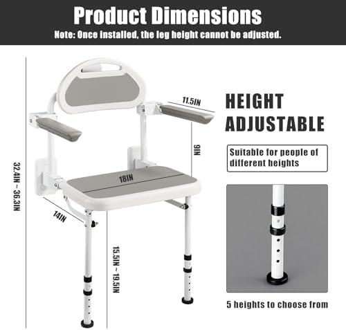 Wall Mounted Folding Shower Seat for Seniors & Disabled - 360lb Heavy Duty Fold Down Shower Chair with Adjustable Height, with Armrests & Backrest - Safe Bath Bench for Elderly, Pregnant Women, Adults